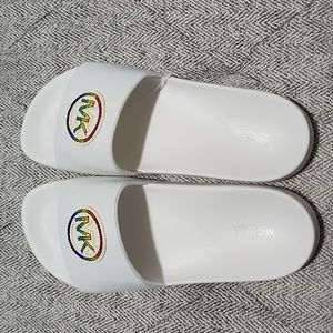 Michael Kors White Slides with Multi-color Emblem